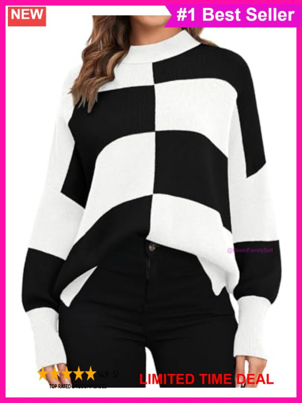 Oversized Checkered Mock Neck Sweater Pullover Side Slit Cozy Knit Women